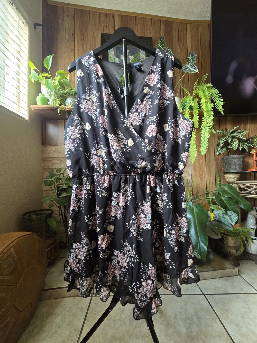 Floral Wrap-Front Mini Dress in Black with Pink Blooms